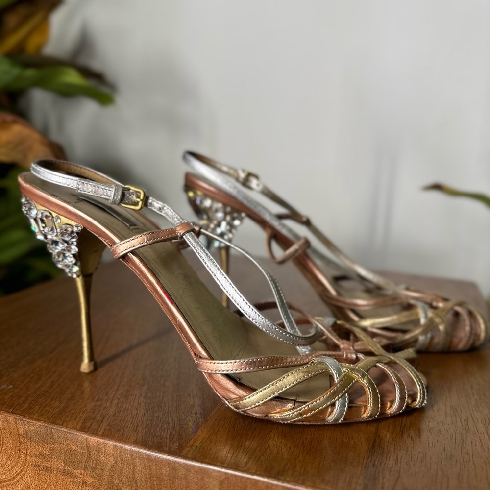 Stunning authentic Miu Miu - gold, rose gold and silver , stone heel